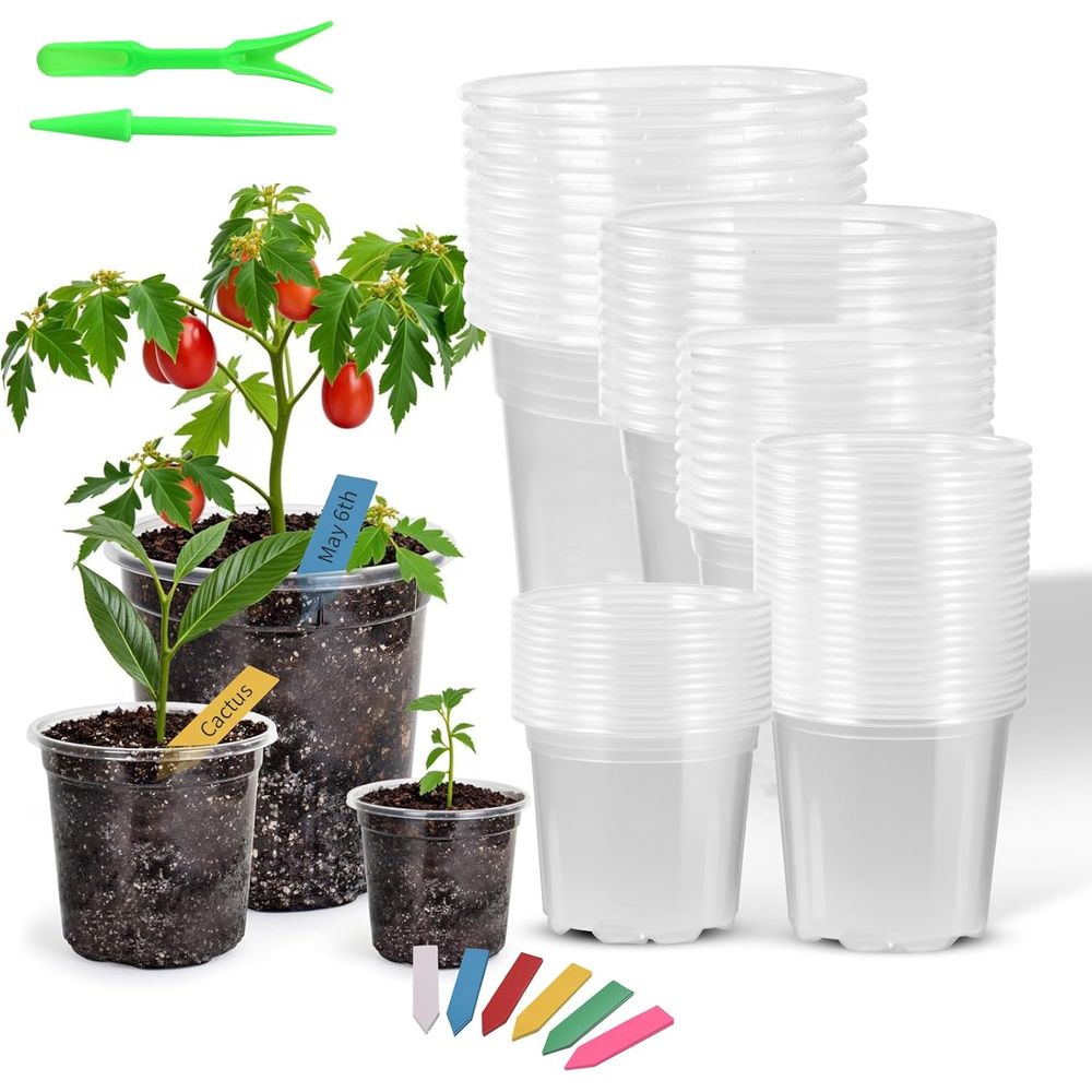 Gardening Tools Labeled - กระถางเพาะชำพลาสติกใส 60 แพ็ค พร้อมระบบระบายน้ำ ขนาดคละกัน ป้ายสีสันสดใส