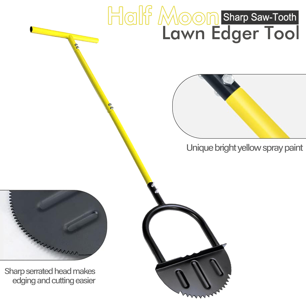 Gardening Tools Edger - เครื่องตัดขอบสนามหญ้าแบบครึ่งวงกลมพร้อมด้ามจับยาว – เครื่องมือตัดขอบสนามหญ้าแบบใช้มือทำจากเหล็กคาร์บอน สำหรับตัดแต่งสนามหญ้า ตัดขอบหญ้า พร้อมด้ามจับรูปตัว