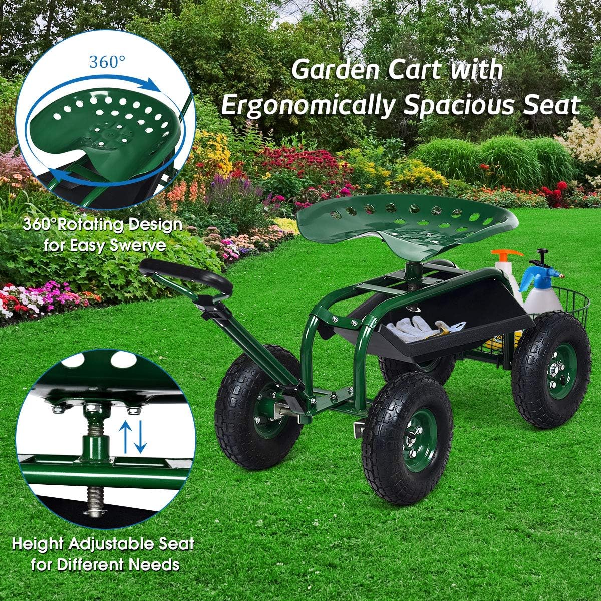 รถเข็นสวนพร้อมที่นั่งแบบมีล้อ  - Gardening Tools Basket บทวิจารณ์และราคา